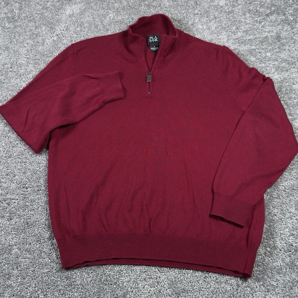 Jos A Bank Sweater Mens XL Burgundy 1/4 Zip 100% Merino Wool Traveler Preppy